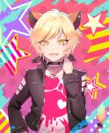  1girl animal_ears black_choker blonde_hair choker highres jacket jewelry laina_(show_by_rock!!) leather leather_jacket lion_ears lion_girl lion_tail long_sleeves looking_at_viewer mel6969 necklace orange_eyes pink_shirt shirt short_hair show_by_rock!! solo tail 