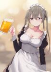  1girl alcohol alternate_costume apron beer beer_mug black_dress breasts cleavage cup dress enmaided graf_zeppelin_(kancolle) grey_eyes hair_between_eyes highres holding holding_cup juliet_sleeves kantai_collection lanthan light_brown_hair long_hair long_sleeves maid maid_apron maid_headdress medium_breasts mug puffy_sleeves sidelocks solo twintails white_apron 