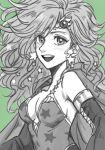 1girl aged_up breasts detached_sleeves dress earrings final_fantasy final_fantasy_iv greyscale hair_ornament jewelry long_hair looking_at_viewer monochrome open_mouth rydia_(ff4) sa_kichi simple_background smile solo star_(symbol) star_earrings 