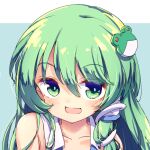  1girl :d collarbone frog_hair_ornament green_background green_eyes green_hair hair_between_eyes hair_ornament hair_tubes isu_(is88) kochiya_sanae long_hair looking_at_viewer open_mouth simple_background smile snake_hair_ornament solo touhou upper_body 