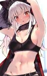  1girl animal_ear_fluff animal_ears arknights armpits arms_up beanie black_cape black_headwear blurry blurry_background blush breasts cape cleavage collarbone commentary_request depth_of_field ears_through_headwear frostleaf_(arknights) groin hat headphones highres kyuu_(plastic_night_q) long_hair looking_at_viewer medium_breasts navel parted_lips red_eyes solo undressing very_long_hair white_hair 