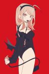  1girl :d ahoge akamatsu_kaede ass black_hairband black_leotard blush breasts danganronpa_(series) danganronpa_v3:_killing_harmony demon_tail fake_horns fake_tail fake_wings fangs hair_ornament hairband highres horns large_breasts leotard musical_note musical_note_hair_ornament oji-sama_(ochi4t) red_background simple_background smile solo standing tail teeth upper_teeth_only wings 