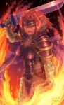  1girl absurdres armor breasts cape cowboy_shot dragon_girl fire granberia highres holding holding_sword holding_weapon mon-musu_quest! monster_girl open_mouth red_hair scales shoulder_armor solo standing sword to_kage_p weapon 