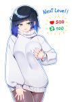  1girl black_pantyhose blue_hair bob_cut commentary cowboy_shot demonfoo_(akumafoo) diagonal_bangs english_commentary genshin_impact grabbing_own_breast green_eyes hand_on_own_chest highres long_sleeves looking_at_viewer meme pantyhose parted_lips simple_background smile solo sweater turtleneck turtleneck_sweater twitter_strip_game_(meme) white_background white_sweater yelan_(genshin_impact) 