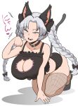  1girl absurdres animal_ears arm_support black_bow black_bra black_footwear bow bra braid breasts brown_eyes cat_cutout cat_ears cat_lingerie cat_tail cleavage cleavage_cutout clothing_cutout commentary_request cosplay fishnet_thighhighs fishnets full_body grey_hair heart highres himajin_noizu kaenbyou_rin kaenbyou_rin_(cosplay) large_breasts long_hair meme_attire open_mouth parted_bangs paw_pose simple_background solo tail thighhighs touhou twin_braids underwear yagokoro_eirin 