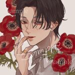  1boy black_hair brown_eyes cigarette collared_shirt commission fingernails flower hand_up holding holding_cigarette jewelry kagoya1219 long_sleeves looking_at_viewer male_focus original parted_hair parted_lips poppy_(flower) portrait red_flower ring sample_watermark shirt short_hair smoking solo watermark white_background white_shirt 
