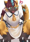  2022 ?! absurd_res anthro breath canid claws clothing female green_eyes hair hi_res implied_transformation mammal neko_kaminari80 pawpads red_hair simple_background solo surprise tongue tongue_out white_background yellow_body 