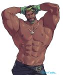  1boy 42nkooon abs arms_behind_head bara beard black_hair come_hither cowboy_shot dark-skinned_male dark_skin dreadlocks earrings facial_hair heartsteel_k&#039;sante jewelry k&#039;sante_(league_of_legends) large_pectorals league_of_legends looking_at_viewer male_focus mature_male muscular muscular_male navel necklace_between_pecs nipples official_alternate_costume official_alternate_hairstyle pectorals seductive_smile short_hair smile solo stomach strongman_waist thick_arms thick_eyebrows topless_male two-tone_beard very_dark_skin 