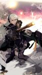  1girl black_gloves black_thighhighs commentary girls&#039;_frontline gloves green_jacket gun headgear highres holding holding_gun holding_weapon jacket light_machine_gun long_hair mg4_(girls&#039;_frontline) mineta_naoki open_mouth pigeon-toed pouch solo standing thighhighs twitter_username weapon white_hair yellow_eyes 