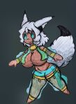  absurd_res animal_humanoid big_breasts big_tail breasts brown_body dancing ear_tuft female grey_hair hair hi_res huge_breasts humanoid multicolored_ears multicolored_tail simple_background solo tail teal_eyes thick_thighs tuft 