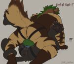  absurd_res anthro anus bear black_body black_fur black_pawpads body_hair brown_body brown_fur bulge bulge_frottage bulge_rubbing clothed clothing dialogue duo exclamation_point from_front_position fur green_ears green_hair green_pawpads hair hi_res hyena ink_(stink_panther) jockstrap jockstrap_bulge jockstrap_only king_mutt legs_up male male/male mammal mane mating_press onomatopoeia pawpads pinned_to_floor sex shaking slightly_chubby sound_effects spread_legs spreading stink_panther striped_body striped_fur stripes tail tail_wrapped tan_body tan_fur text topless underwear underwear_only 
