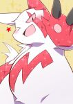  anthro belly blush claws cute_fangs fur generation_3_pokemon male matchstick_39 nintendo one_eye_closed pawpads pokemon pokemon_(species) simple_background slightly_chubby smile solo white_body white_fur wink yellow_background zangoose 