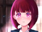  1girl arima_kana blunt_bangs blush bob_cut close-up commentary_request highres light_particles oshi_no_ko parted_lips partial_commentary pink_eyes red_hair shirt short_hair solo suguri_nojo white_shirt 