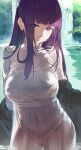  1girl absurdres blunt_bangs breasts closed_mouth commentary female_pubic_hair fern_(sousou_no_frieren) hews highres large_breasts long_hair looking_at_viewer navel nipples pubic_hair purple_eyes purple_hair pussy see-through solo sousou_no_frieren thighs water waterfall wet wet_clothes 