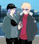  2boys :d alternate_costume baseball_cap black_bag black_headwear black_pants blonde_hair blue_eyes blurry blurry_background brown_eyes casual cellphone char_aznable closed_mouth fanny_pack fur-trimmed_jacket fur_trim garma_zabi green_hoodie green_jacket gundam hand_in_pocket hands_in_pockets hat holding holding_phone hood hood_down hoodie jacket long_sleeves looking_at_phone male_focus meiko_(hishi) mobile_suit_gundam multiple_boys new_york open_clothes open_jacket open_mouth outdoors pants phone photo_background purple_hair red_shirt shirt short_hair smartphone smile sunglasses turtleneck typo 