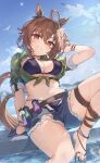  1girl absurdres agnes_tachyon_(lunatic_lab)_(umamusume) agnes_tachyon_(umamusume) ahoge animal_ears barefoot bikini bird black_bikini blue_shorts breasts brown_eyes brown_hair cleavage commentary_request day denim denim_shorts green_shirt grin highres horse_ears horse_girl horse_tail kii-kun_(agnes_tachyon)_(umamusume) kita_(kitairoha) large_breasts long_hair looking_at_viewer micro_shorts navel official_alternate_costume outdoors parted_lips seagull shirt short_sleeves shorts sitting sky smile solo summer&#039;s_sunlight_fades_to_blue_(umamusume) swimsuit tail teeth umamusume 