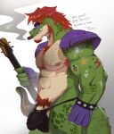  2023 abs absurd_res alligator alligatorid anthro armpit_hair barazoku beard biceps big_bulge big_muscles big_penis body_hair bracelet bulge chest_hair cigar claws clothed clothing crocodilian deltoids demanding dialogue drawreshi english_text eyebrows facial_hair facial_markings fingerless_gloves five_nights_at_freddy&#039;s five_nights_at_freddy&#039;s:_security_breach genital_outline genitals gloves guitar hair handwear happy_trail head_markings hi_res holding_object inviting jewelry long_hair looking_aside looking_at_viewer male markings montgomery_gator_(fnaf) muscular muscular_anthro muscular_male musical_instrument narrowed_eyes navel nipples non-mammal_nipples pecs penis penis_base penis_outline plucked_string_instrument pubes reptile scales scalie scottgames serratus shoulder_pads side_view simple_background smoke smoking solo spiked_bracelet spikes standing steel_wool_studios sticker string_instrument talking_to_viewer text thong thong_only topless topless_anthro topless_male underwear underwear_only white_background 