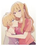  1boy 1girl blonde_hair blue_eyes blush border brother_and_sister brown_background closed_mouth collarbone commentary english_text gradient_background highres hoshino_aquamarine hoshino_ruby hug incest long_hair looking_at_viewer looking_to_the_side mismatched_pupils no_pupils one_side_up oshi_no_ko pink_eyes pink_shirt purple_shirt shirt short_hair short_sleeves siblings sidelocks smile sunohara_(marble0131) sweatdrop t-shirt twincest twins upper_body white_background white_border 