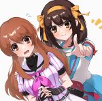  2girls absurdres armband asahina_mikuru bad_id bad_twitter_id black_gloves blue_sailor_collar blue_skirt blush bob_cut brown_eyes brown_hair closed_mouth collarbone fingerless_gloves gloves hair_ribbon hairband hand_on_another&#039;s_shoulder highres interlocked_fingers kita_high_school_uniform long_hair looking_at_viewer medium_hair multiple_girls neckerchief orange_hair own_hands_together pink_neckerchief red_armband red_ribbon ribbon sailor_collar school_uniform serafuku short_sleeves simple_background skirt smile suzumiya_haruhi suzumiya_haruhi_no_yuuutsu sweatdrop u_ik95 white_background white_sailor_collar white_skirt yellow_hairband yellow_ribbon 