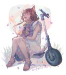  1girl absurdres animal_ears borrowed_character brown_hair cat_ears christon-clivef closed_eyes commentary dated dress english_commentary flower grass highres holding holding_flower motor_vehicle on_scooter open_mouth original petals sandals scooter signature sitting smile solo white_dress 