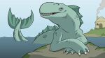  16:9 ambiguous_gender building clawed_fingers drawfee drawfee_(copyright) feral fin head_fin hi_res house marine membrane_(anatomy) nathan_yaffe partially_submerged sharp_teeth smile solo spots spotted_body tail tail_fin teeth water webbed_hands widescreen 