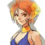  1girl animal_ears armlet breath_of_fire breath_of_fire_ii cat_ears collar facial_mark green_eyes highres kannoaki looking_at_viewer orange_hair pointy_ears rinpoo_chuan short_hair sleeveless smile solo upper_body 