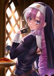  1girl :t black_gloves dress drill_hair eating fork frilled_sleeves frills from_side gloves half_gloves highres holding holding_fork hyakumantenbara_salome kobamiso_(kobalt) long_hair long_sleeves looking_at_viewer looking_back nijisanji nun purple_dress purple_eyes purple_hair solo veil very_long_hair virtual_youtuber 