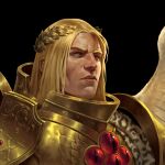  absurdres adrian4rt angel angel_wings armor black_background blonde_hair blood_angels blue_eyes detailed_armor gold_armor highres imperium_of_man laurel_crown long_hair looking_up male_focus pelt power_armor primarch sanguinius semi_realisim simple_background snow_leopard warhammer_40k wings 