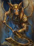  1other andy_timm animal_head anubis_(mythology) artist_name blue_eyes copyright_name egyptian egyptian_clothes egyptian_mythology glowing glowing_eyes holding holding_staff rise_of_mythos solo staff watermark 