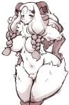  2022 anthro big_breasts blush blush_lines bovid braided_hair breasts caprine crotch_tuft curved_horn digital_media_(artwork) female fur hair hi_res horizontal_pupils horn kemono long_hair looking_at_viewer mammal monochrome narrowed_eyes navel nude pivoted_ears pupils setouchi_kurage sheep simple_background solo thick_thighs tuft wool_(fur) 