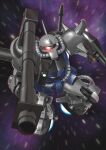  absurdres bazooka_(gundam) flying full_body glowing glowing_eye gouf gundam highres holding holding_rocket_launcher holding_weapon looking_at_viewer mecha mobile_suit_gundam no_humans one-eyed primate_nemesis robot rocket_launcher shield space weapon zeon 