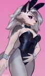  5_fingers anthro clothed clothing female fingers fur hair helluva_boss hi_res looking_aside loona_(helluva_boss) playboy_outfit ratatooey red_sclera shaded signature simple_background solo white_body white_fur white_hair 