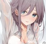  1girl :d arm_up blue_eyes blush breasts brown_hair cleavage collarbone collared_shirt commentary_request dress_shirt grey_background hair_between_eyes highres large_breasts long_hair long_sleeves looking_to_the_side open_mouth original ramchi see-through shirt sidelocks signature simple_background smile solo upper_body wet wet_clothes wet_shirt white_shirt 