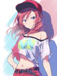  1girl baseball_cap belt black_belt blush borgbutler closed_mouth crop_top floating_hair hand_on_own_hip hat highres long_hair looking_at_viewer love_live! love_live!_school_idol_project midriff navel nishikino_maki pants purple_eyes red_hair red_pants shadow shirt single_bare_shoulder smile solo stomach upper_body 