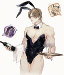  1boy animal_ears ashley_graham black_leotard blush bottle brown_hair detached_collar fake_animal_ears highres holding holding_bottle holding_tray large_pectorals leon_s._kennedy leotard male_focus male_playboy_bunny merchant_(resident_evil) muscular muscular_male pectorals rabbit_ears resident_evil resident_evil_4 resident_evil_4_(remake) rokuhashi_8 short_hair simple_background strapless strapless_leotard thighs tray white_background 