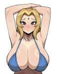  1girl armpits arms_up bikini blonde_hair blue_bikini blush breasts brown_eyes cleavage donburi_(donburikazoku) facial_mark forehead_mark hair_intakes highres large_breasts looking_at_viewer naruto_(series) simple_background solo sweatdrop swimsuit tsunade_(naruto) upper_body white_background 