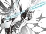  1girl absurdres armor armpits aslaug_(fate) blue_eyes bow_(weapon) breasts fate:lost_einherjar fate_(series) floating_hair greyscale highres holding holding_bow_(weapon) holding_weapon large_breasts looking_up miwa_shirow monochrome non-web_source official_art shoulder_armor weapon 