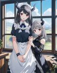  2girls apron arm_hug black_hair blurry blush bokeh bracelet child cloud demon_girl demon_horns depth_of_field detached_sleeves dress fantasy hiding hiding_behind_another hill horizon horns house indoors jewelry long_hair looking_at_viewer maid maid_apron maid_headdress multiple_girls neck_ribbon open_mouth original plant pointy_ears potted_plant red_eyes ribbon sky window yoshitake 