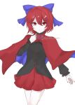  1girl black_shirt blue_bow bow cloak closed_mouth commentary hair_bow highres kuro_wa_shinoru long_sleeves looking_at_viewer one-hour_drawing_challenge red_eyes red_hair red_skirt sekibanki shirt short_hair simple_background skirt solo touhou white_background 