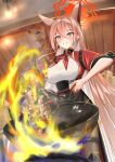  1girl absurdres animal_ears blue_archive bocchi_(kuropom7) bra_visible_through_clothes breasts brown_hair cooking earrings fire halo highres jewelry large_breasts long_hair pantyhose rumi_(blue_archive) single_earring very_long_hair wok 