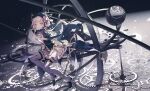  1girl arcaea beret boots crescent frilled_skirt frills gears hat headphones highres holding holding_weapon luna_(arcaea) mechari pink_eyes pink_hair scissors sitting skirt solo thigh_boots weapon wrist_cuffs 