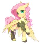  1girl 7hundredt boots colored_skin feathered_wings fluttershy green_eyes highres jacket looking_at_viewer my_little_pony my_little_pony:_friendship_is_magic pegasus pink_hair simple_background solo white_background wings yellow_skin 