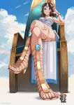  1girl blue_eyes blue_gemstone bracelet breasts brown_hair cloud commission crossed_legs dress feet forehead_jewel gem giant giantess hand_on_own_head high_heels highres jewelry kneeling knight legs lian_(paladins) long_hair nail_polish paladins pink_nails ruby_suguri sandals short_dress signature sitting size_difference sky throne toenail_polish toenails toes white_dress 