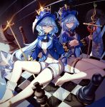  absurdres barefoot blue_eyes blue_gemstone blue_hair blue_headwear blue_jacket board_game chess chess_piece closed_mouth furina_(genshin_impact) gem genshin_impact hair_between_eyes hat highres jacket light_blue_hair long_hair long_sleeves luai multicolored_hair smile top_hat vision_(genshin_impact) white_hair 