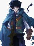  1boy 2nd_popularity_poll_(boku_no_hero_academia) :| alternate_eye_color alternate_hair_color alternate_universe arms_at_sides belt belt_buckle blue_cape blue_eyes blue_hair blurry blurry_foreground boku_no_hero_academia bright_pupils brown_belt brown_gloves buckle buttons cape clenched_hand closed_mouth colored_eyelashes cross-laced_clothes cross-laced_gloves floating_cape freckles gloves greatsword green_vest high_collar highres jewelry long_sleeves looking_at_object male_focus midoriya_izuku musou_(asatomjj) narrowed_eyes official_alternate_costume pants shirt short_hair shoulder_belt simple_background solo sword torn_cape torn_clothes upper_body vest weapon white_background white_pupils white_shirt wind wrist_belt 