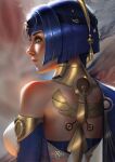  1girl blue_hair breasts candace_(genshin_impact) dark-skinned_female dark_skin detached_sleeves egyptian_clothes eye_of_horus from_behind genshin_impact gold_choker jewelry large_breasts lips looking_at_viewer neck_ring nixri short_hair_with_long_locks solo yellow_eyes 