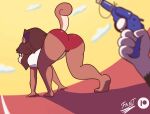  animated anthro bent_over bottomwear butt clothing disembodied_hand duo fantharubi female gun gym_bottomwear gym_clothing gym_shorts looking_back mammal panties ranged_weapon rear_view rodent sciurid shaking_butt shorts track_and_field tree_squirrel underwear weapon 