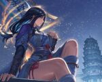  1girl absurdres bare_legs breasts brown_eyes brown_hair flag highres holding holding_staff hong_jing_(wo_long) large_breasts long_hair looking_to_the_side night night_sky scarf sky solo staff takinashi_(friend_coffee) thighs wo_long:_fallen_dynasty 
