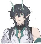  1boy black_hair commentary_request dan_heng_(honkai:_star_rail) dan_heng_(imbibitor_lunae)_(honkai:_star_rail) ebibi_chiriri green_eyes honkai:_star_rail honkai_(series) horns long_hair looking_at_viewer male_focus pointy_ears shirt simple_background single_bare_shoulder solo upper_body white_background white_shirt 