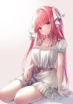  1girl absurdres aki_kakao belt blue_eyes breasts cleavage closed_mouth collarbone dress go-toubun_no_hanayome gradient_background hair_ribbon highres large_breasts long_hair looking_at_viewer nakano_nino pink_background pink_belt pink_hair ribbon sitting solo straight_hair thighs twitter_username white_dress white_ribbon 